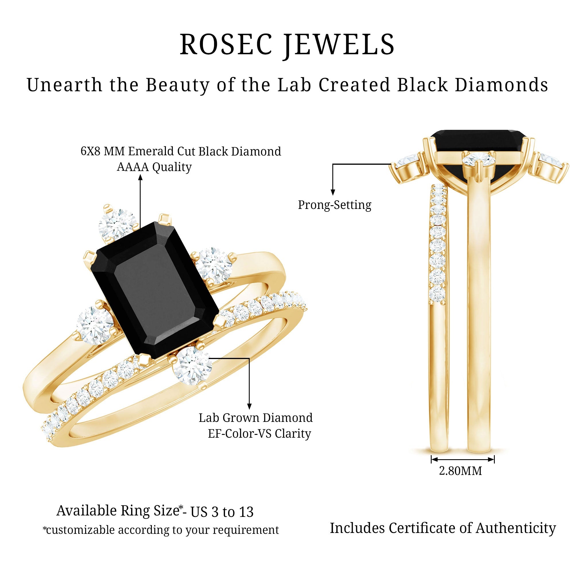 Certified Lab Grown Black and White Diamond Engagement Ring and Wedding Band Set
