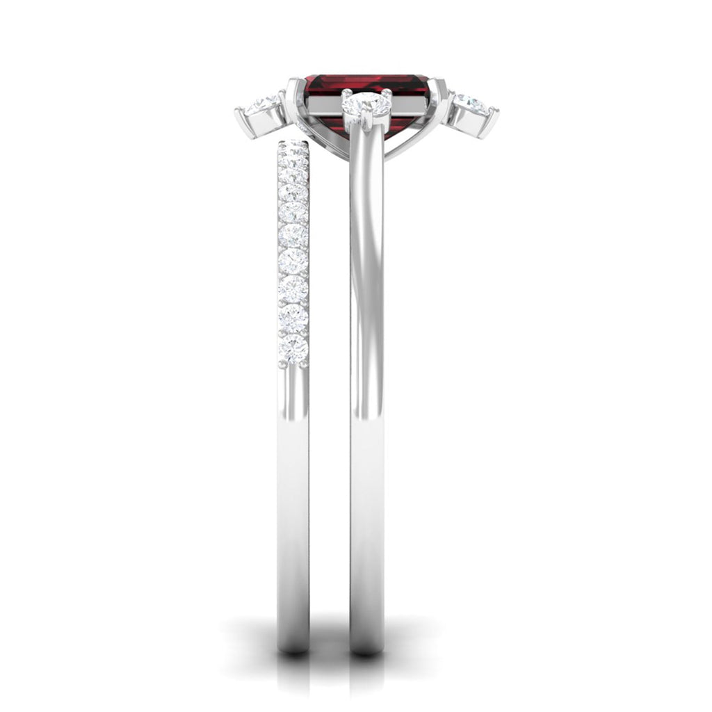 Natural Emerald Cut Garnet Diamond Wedding Bridal Ring Set of 2