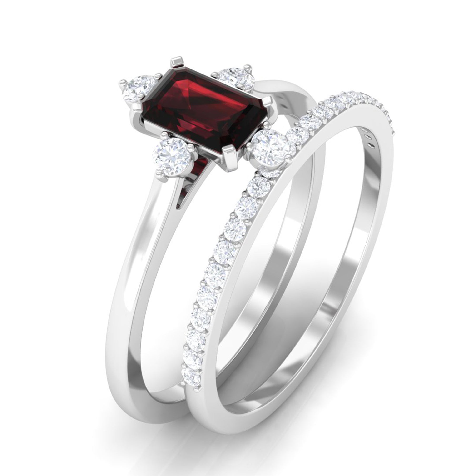 Natural Emerald Cut Garnet Diamond Wedding Bridal Ring Set of 2