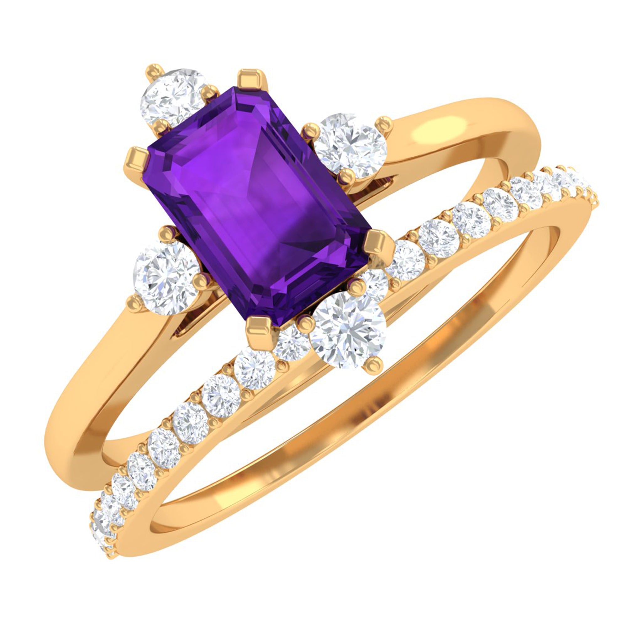 1.25 Ct Octagon Solitaire Amethyst and Diamond Ring Set