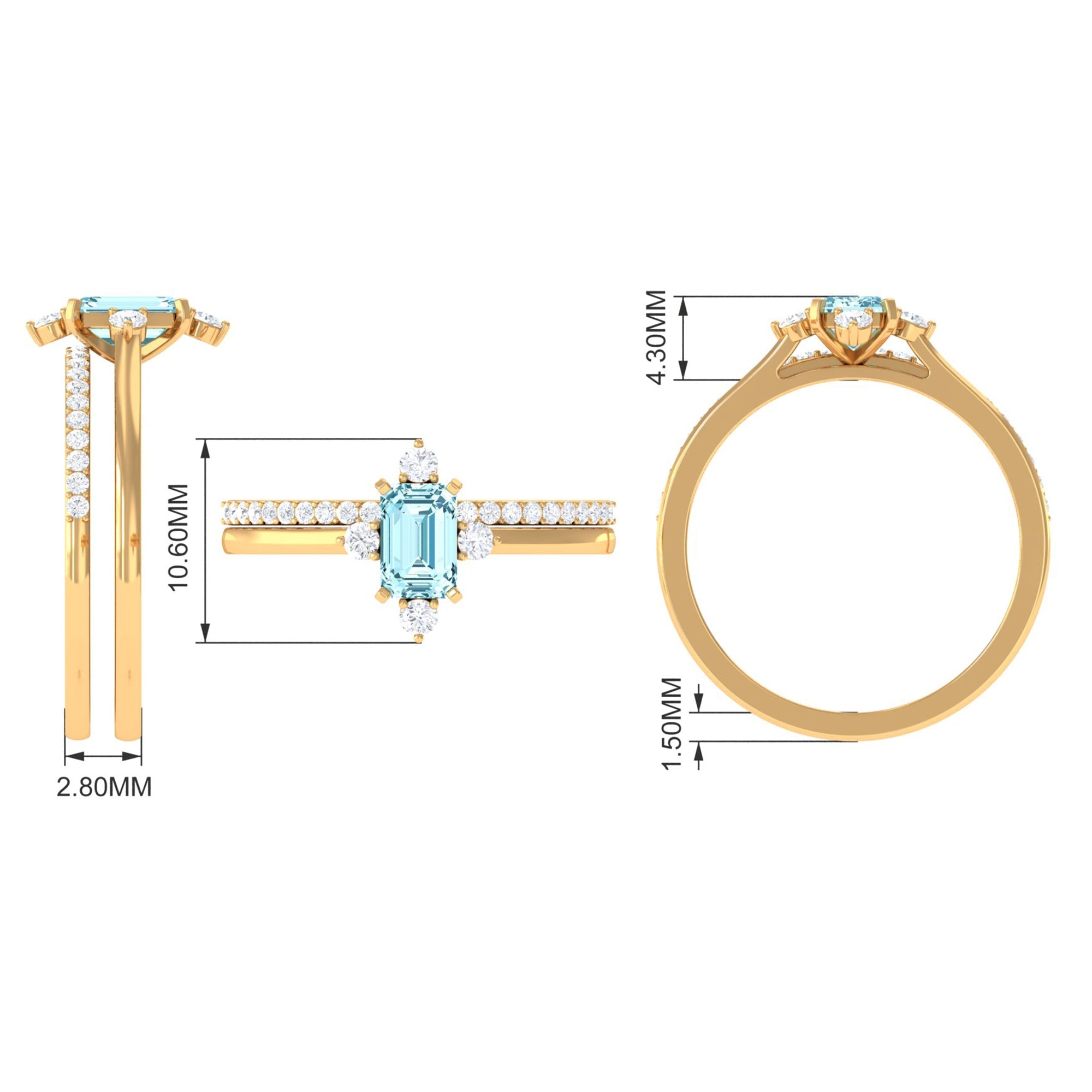 1.25 Ct Octagon Solitaire Aquamarine and Diamond Ring Set