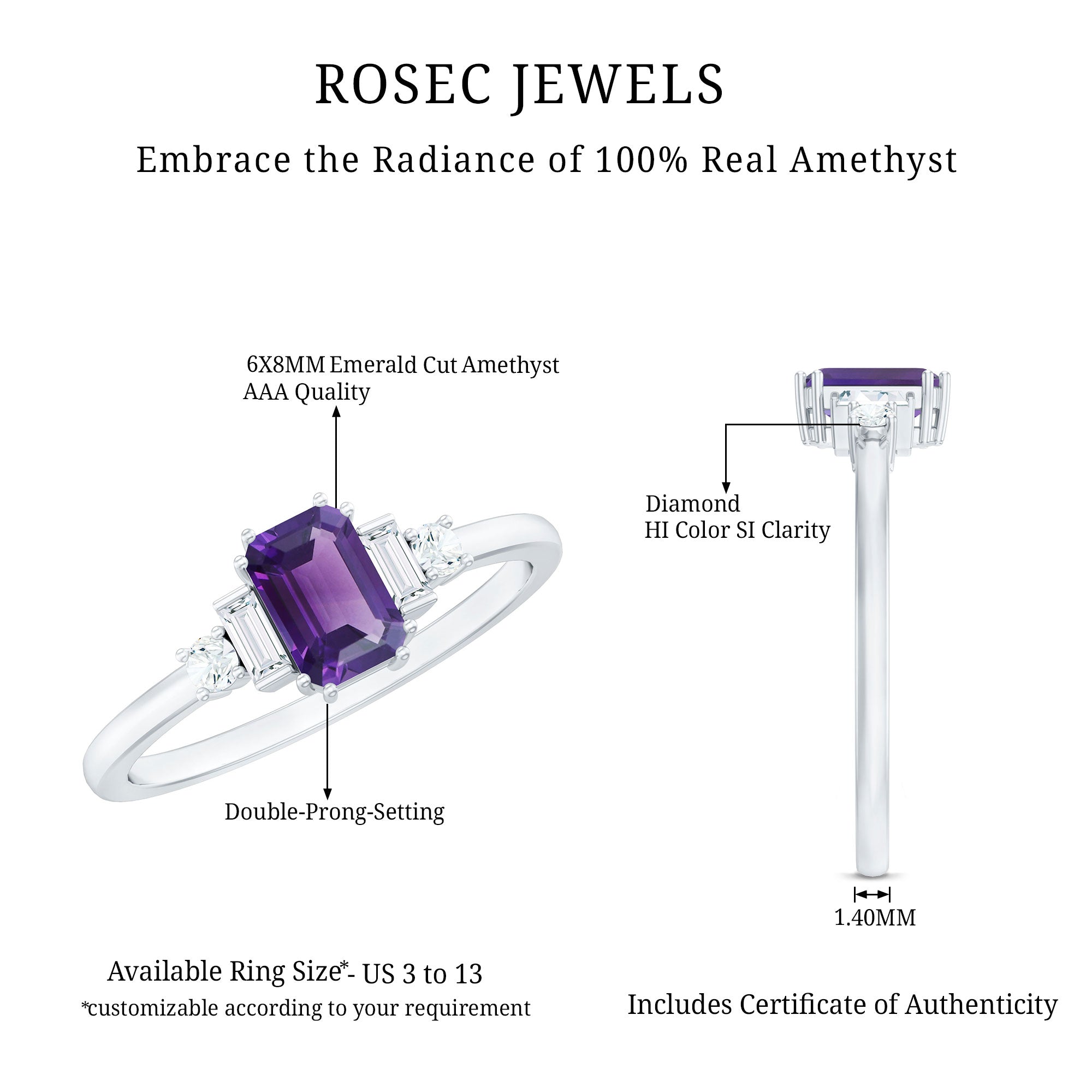 Octagon Amethyst Solitaire Engagement Ring with Diamond
