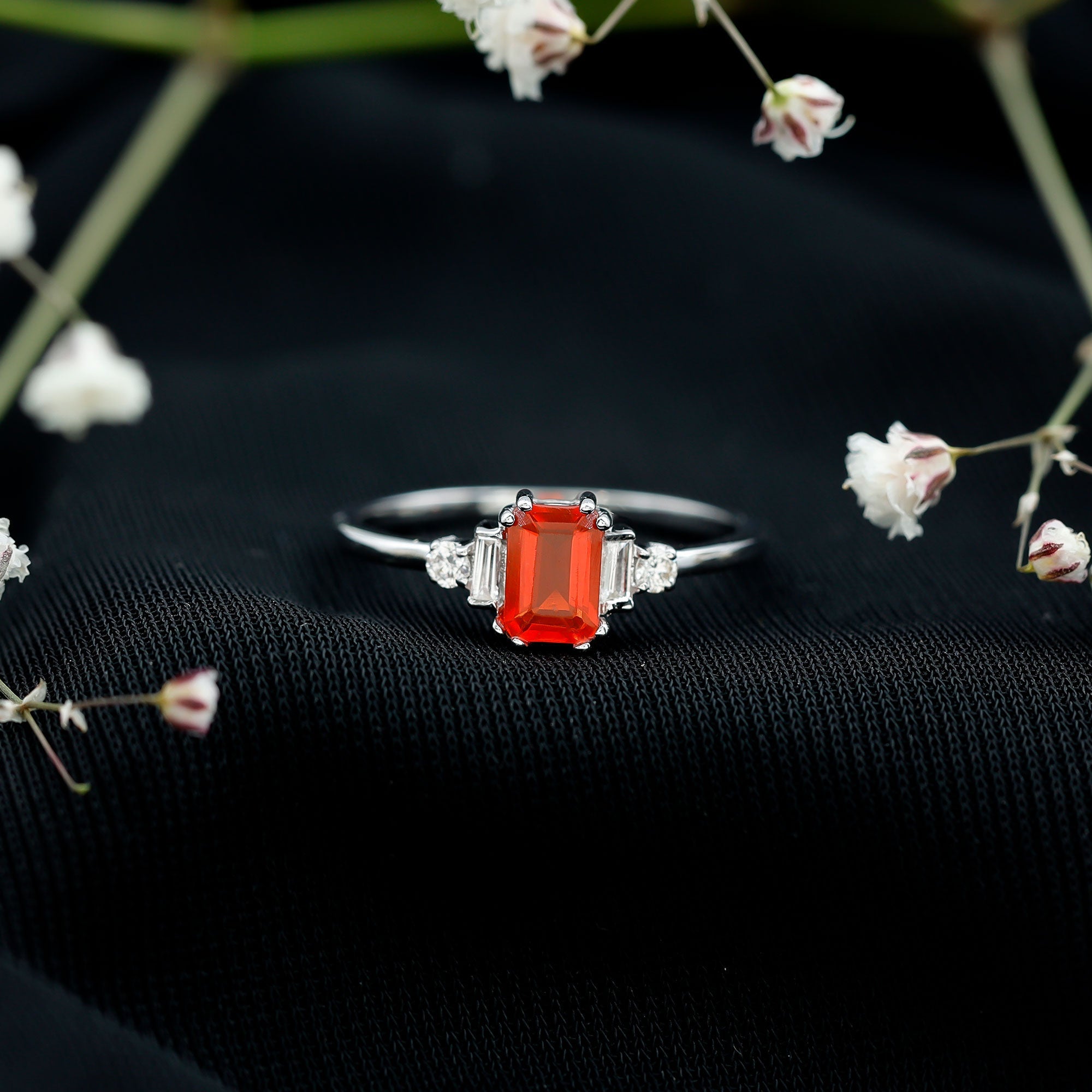 3/4 CT Fire Opal Solitaire Engagement Ring with Diamond