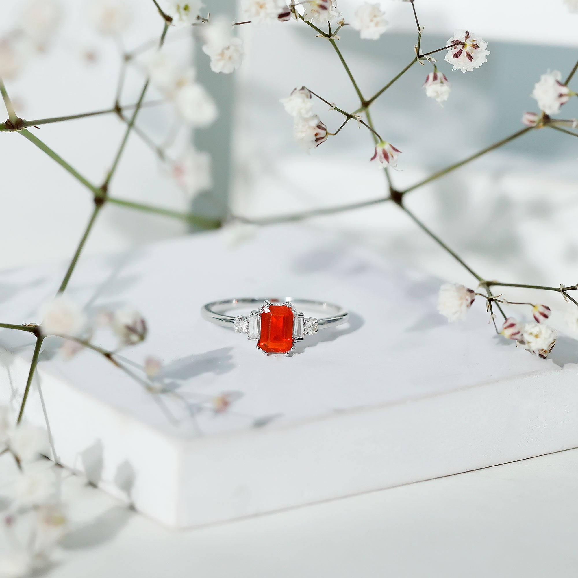 3/4 CT Fire Opal Solitaire Engagement Ring with Diamond