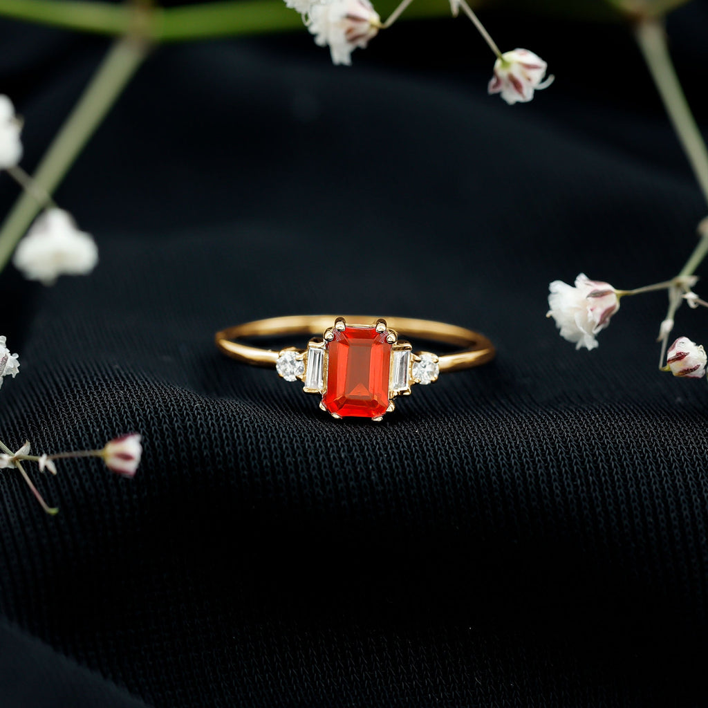 3/4 CT Fire Opal Solitaire Engagement Ring with Diamond