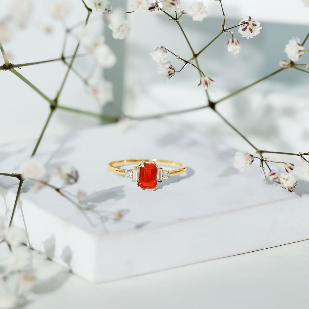 3/4 CT Fire Opal Solitaire Engagement Ring with Diamond