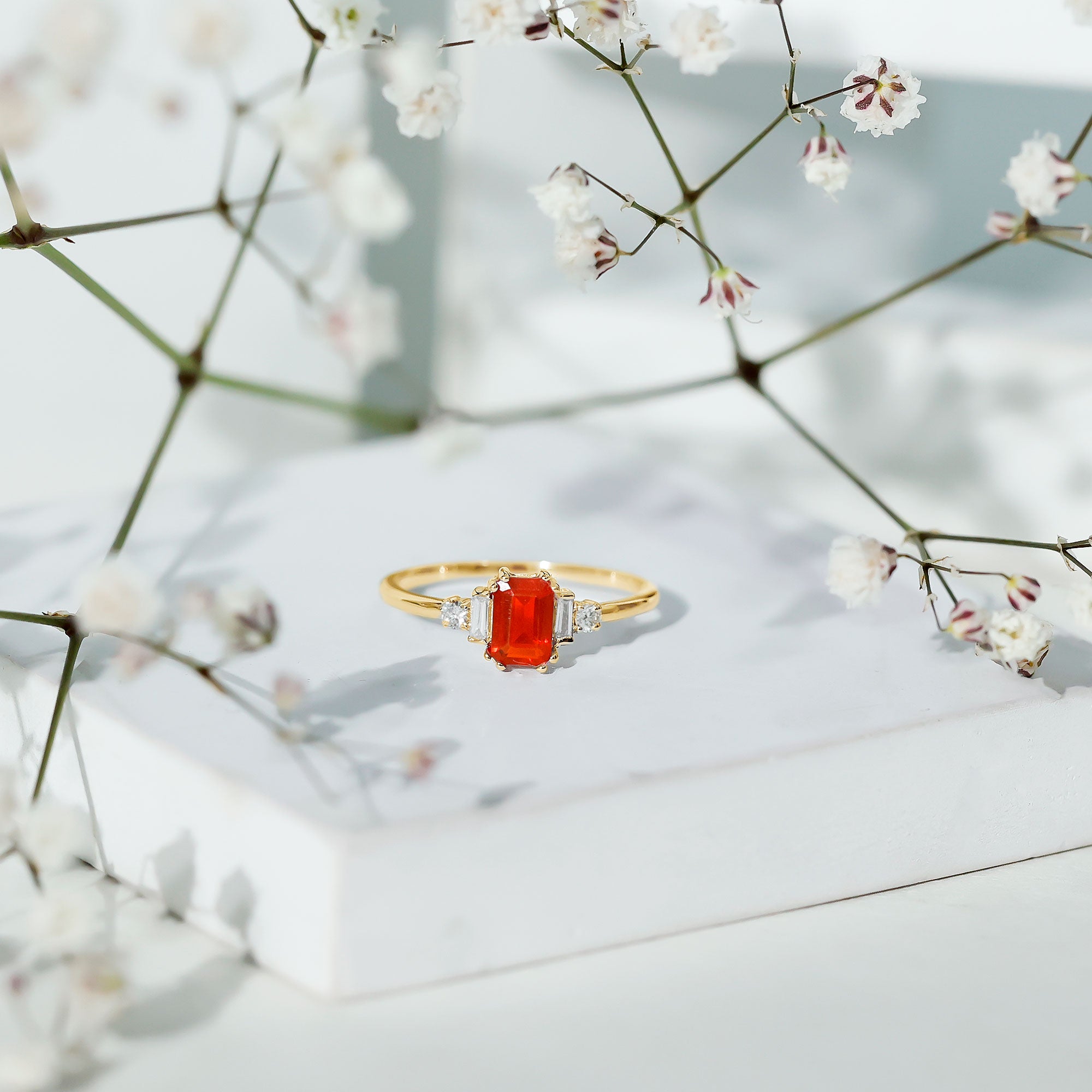 3/4 CT Fire Opal Solitaire Engagement Ring with Diamond