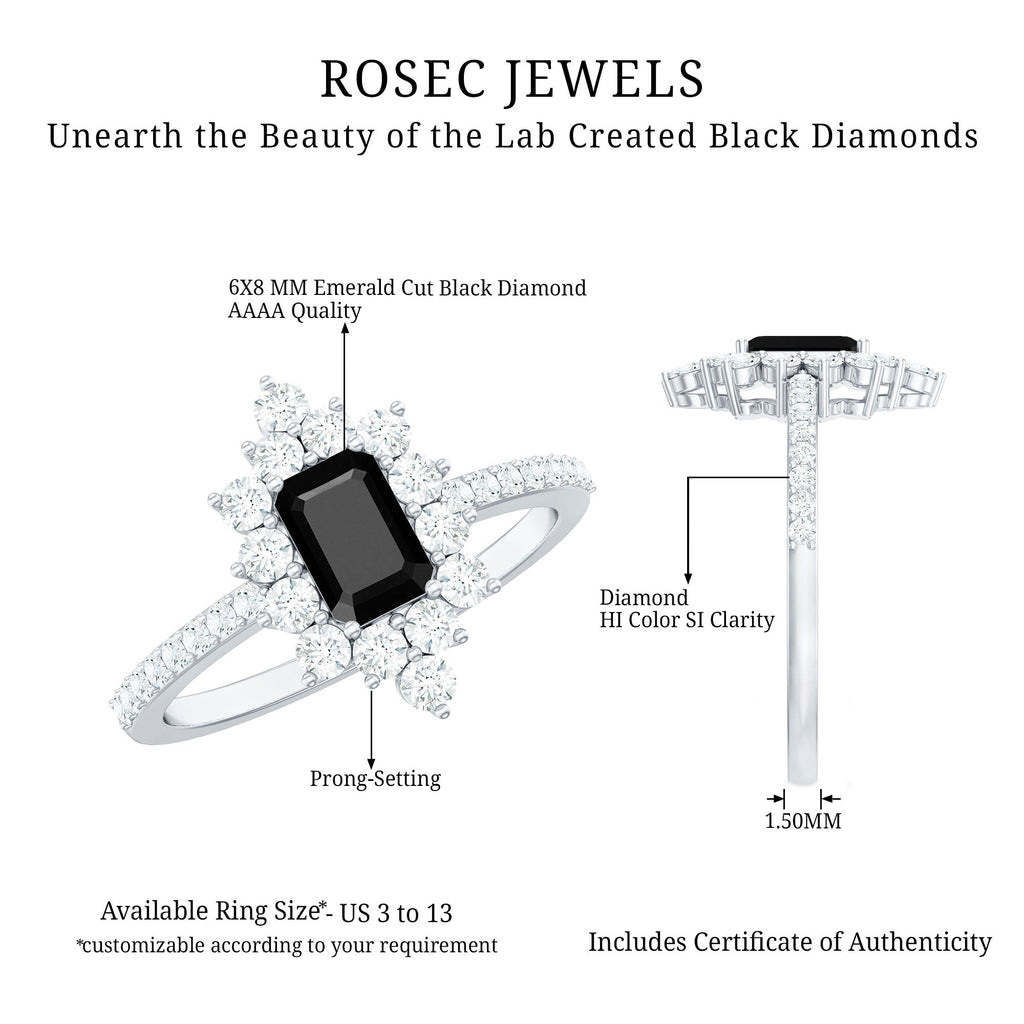 Emerald Cut Created Black Diamond Halo Engagement Ring with Diamond