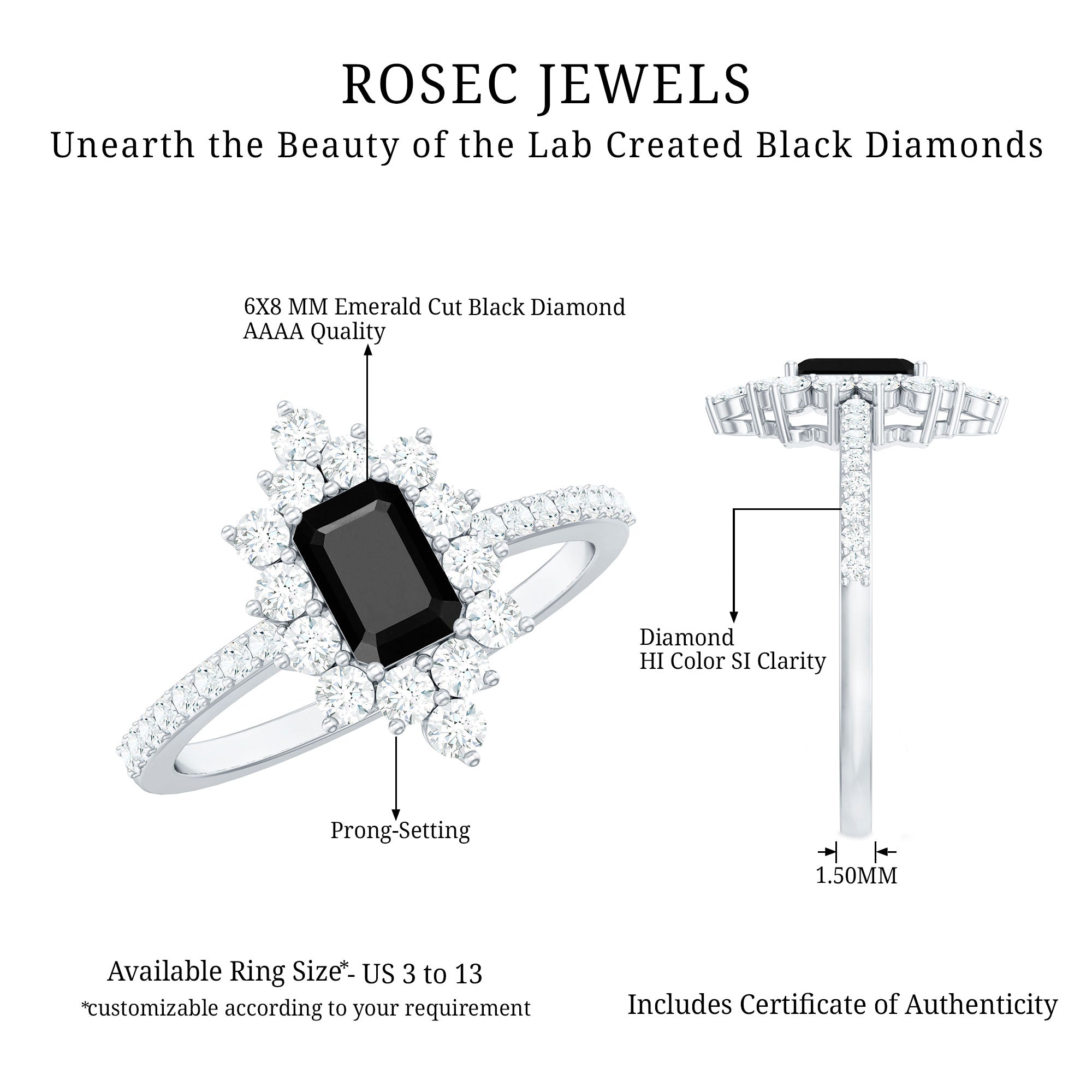 Emerald Cut Created Black Diamond Halo Engagement Ring with Diamond
