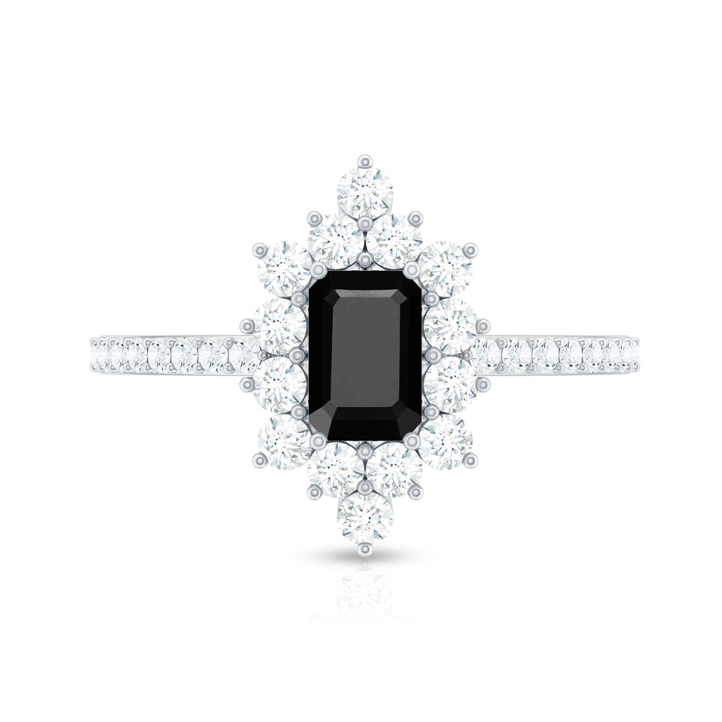 Emerald Cut Created Black Diamond Halo Engagement Ring with Diamond