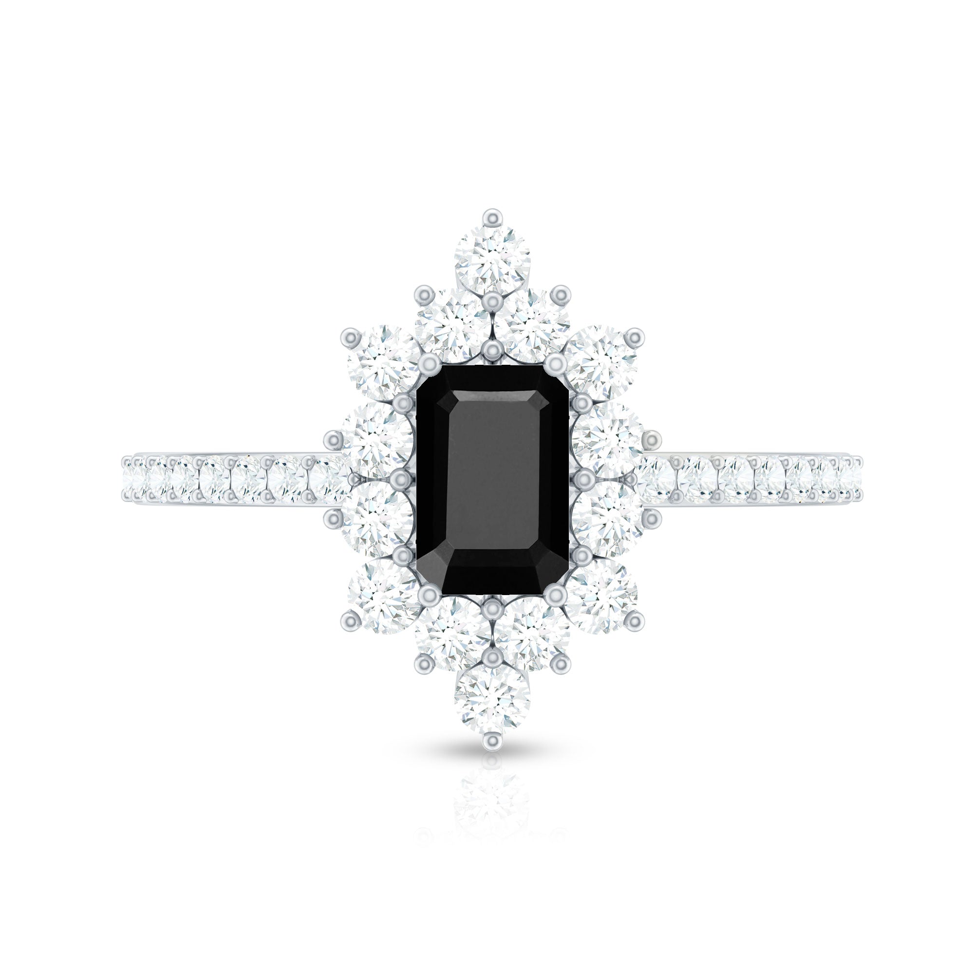 Emerald Cut Created Black Diamond Halo Engagement Ring with Diamond