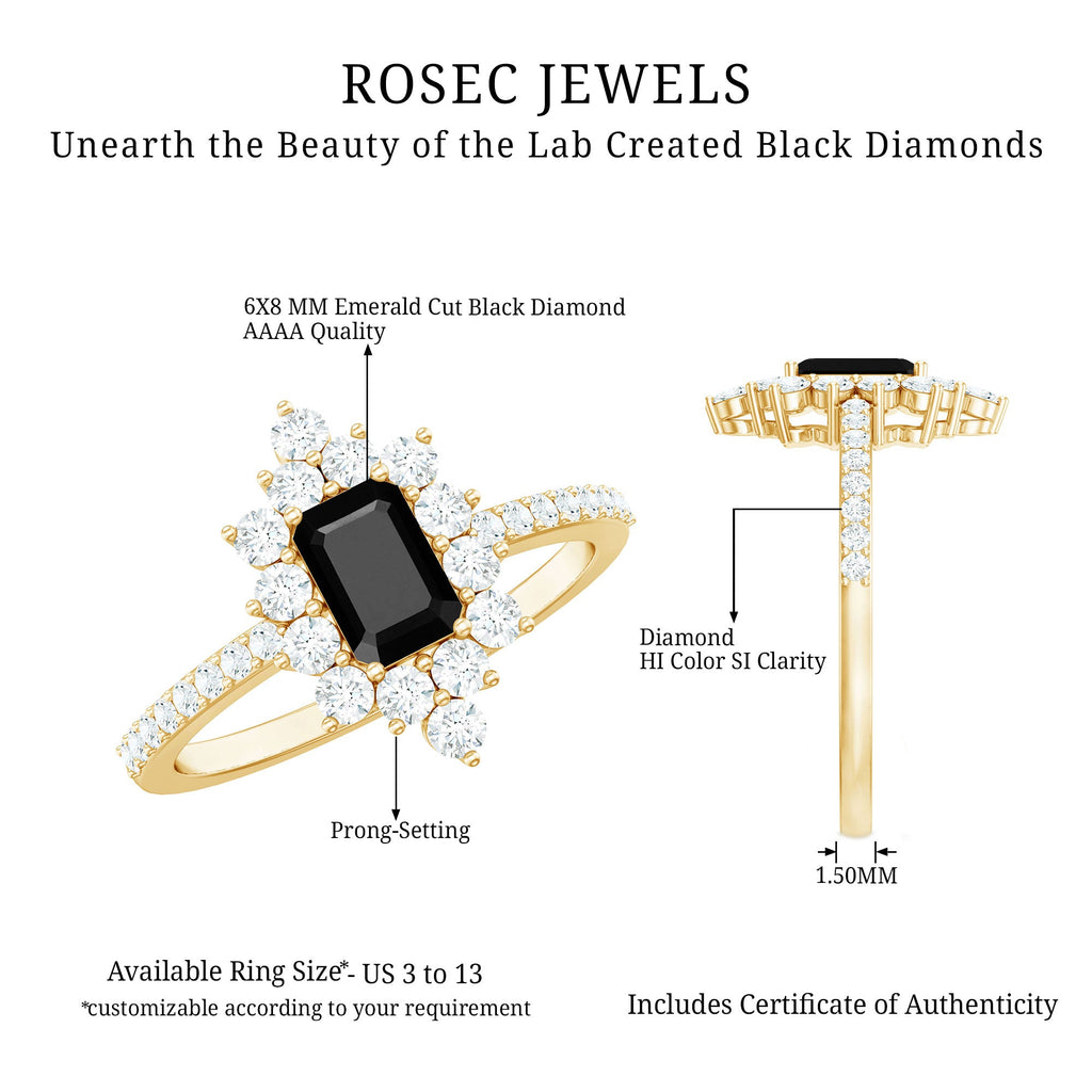 Emerald Cut Created Black Diamond Halo Engagement Ring with Diamond