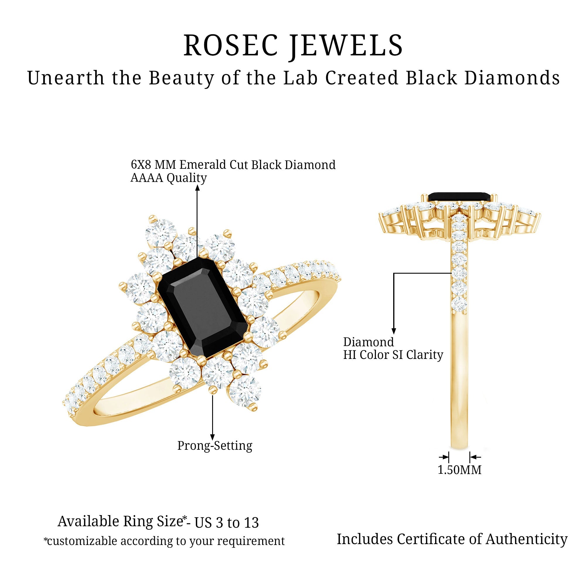 Emerald Cut Created Black Diamond Halo Engagement Ring with Diamond