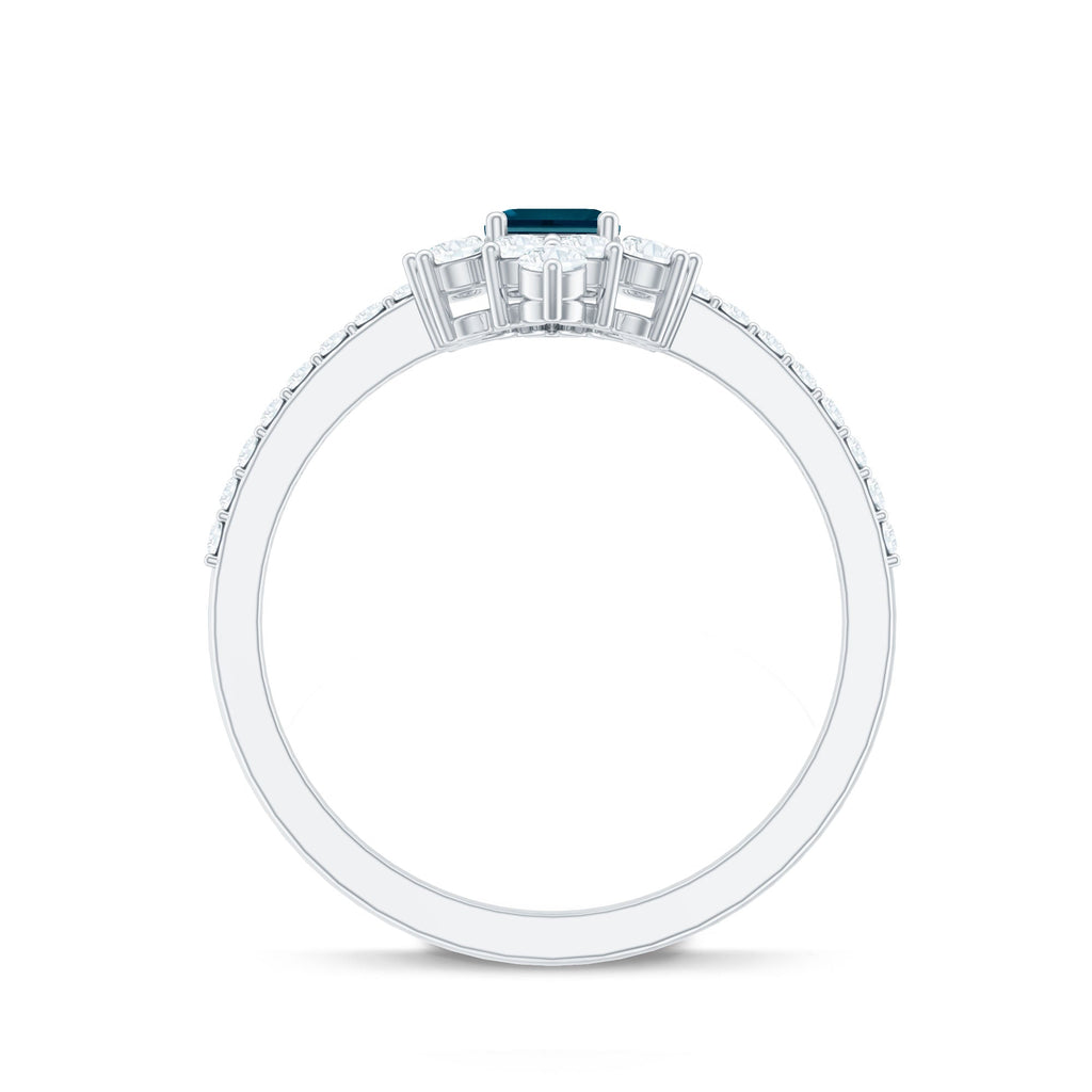 4X6mm Emerald Cut London Blue Topaz Antique Looking Engagement Ring with Diamond Halo