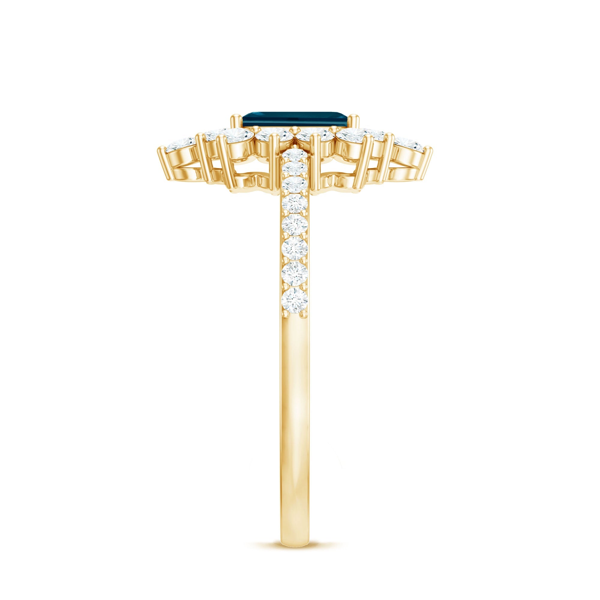 4X6mm Emerald Cut London Blue Topaz Antique Looking Engagement Ring with Diamond Halo