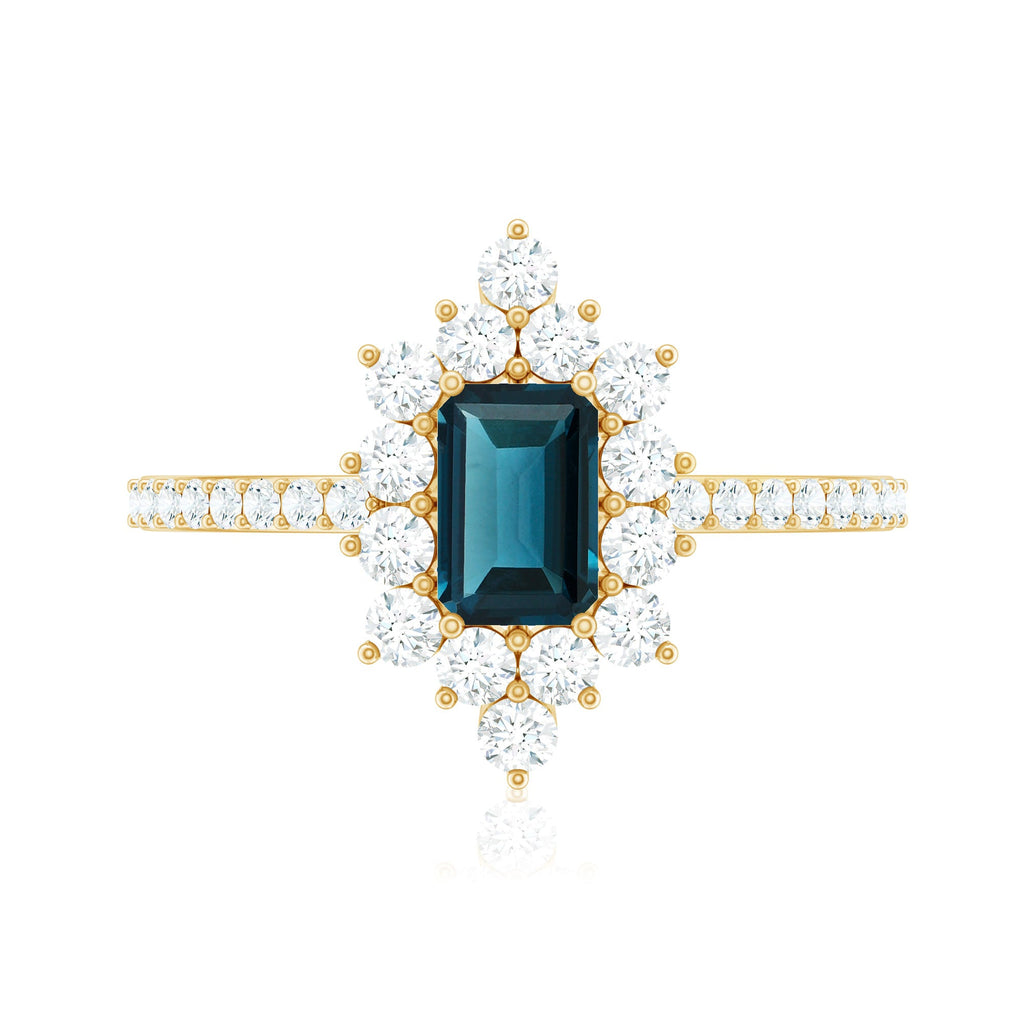4X6mm Emerald Cut London Blue Topaz Antique Looking Engagement Ring with Diamond Halo