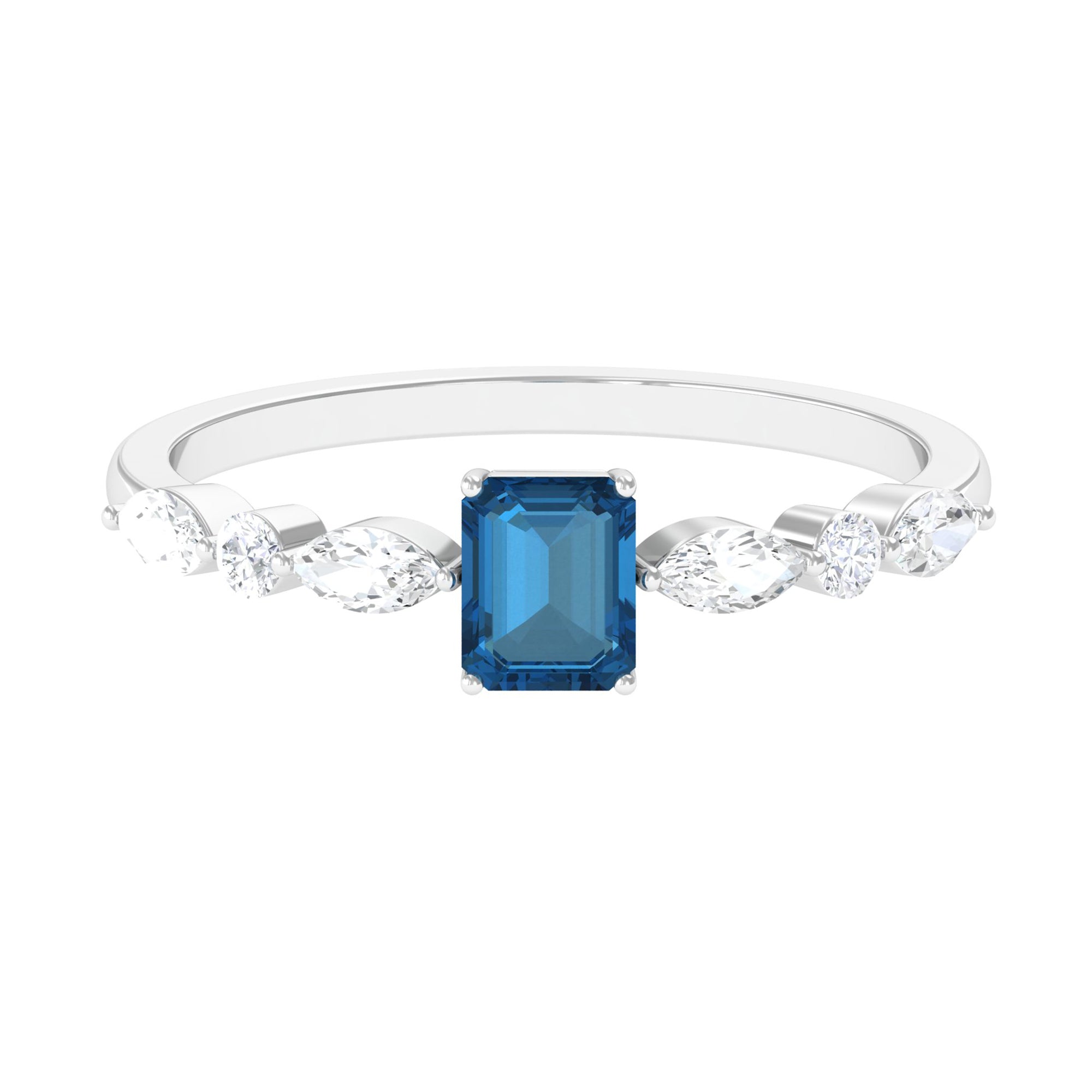 4X6mm Emerald Cut London Blue Topaz Solitaire Ring with Diamond
