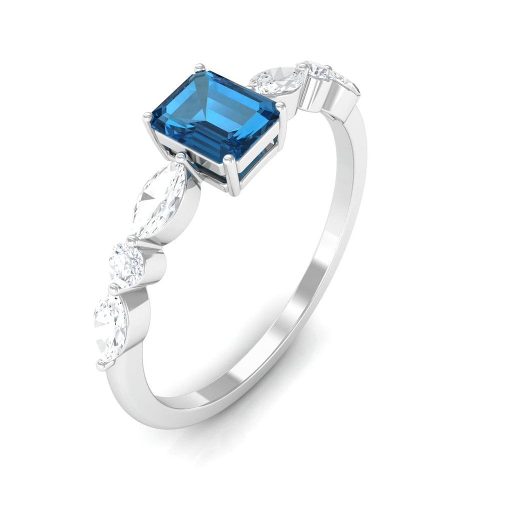 4X6mm Emerald Cut London Blue Topaz Solitaire Ring with Diamond