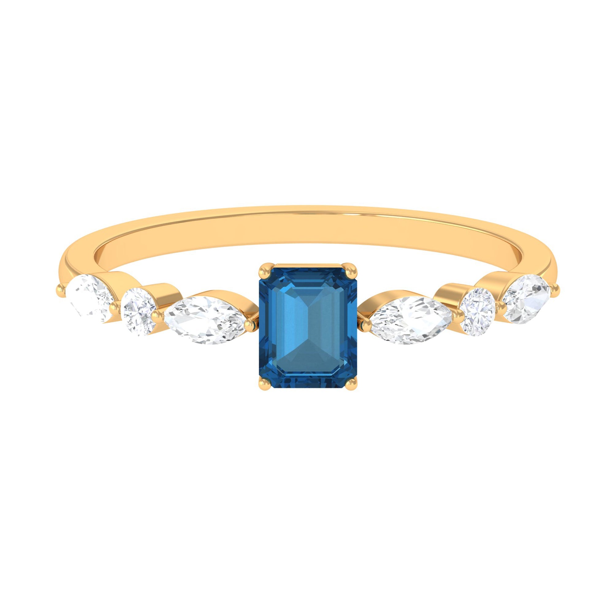 4X6mm Emerald Cut London Blue Topaz Solitaire Ring with Diamond