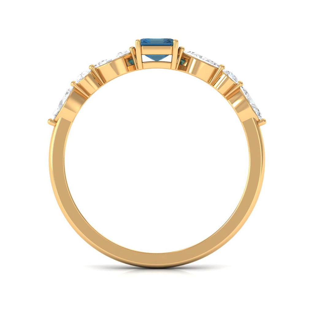 4X6mm Emerald Cut London Blue Topaz Solitaire Ring with Diamond