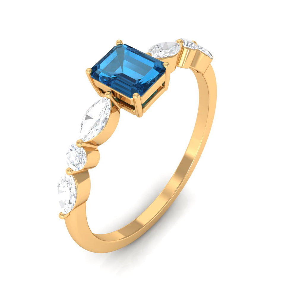 4X6mm Emerald Cut London Blue Topaz Solitaire Ring with Diamond
