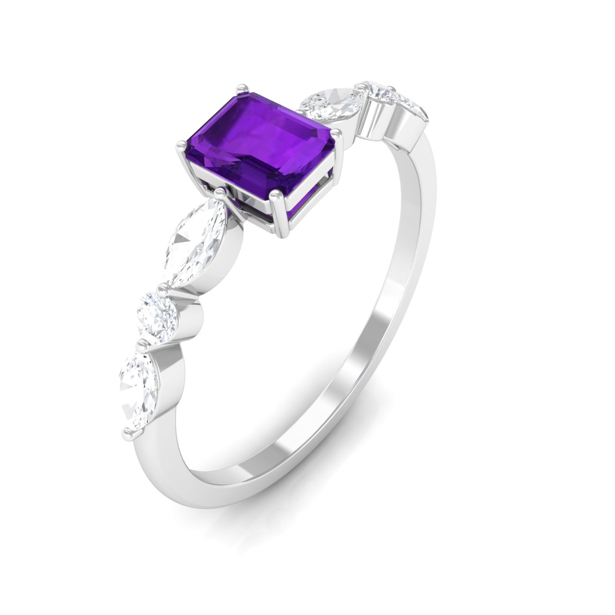Octagon Amethyst Solitaire Ring with Diamond Side Stones