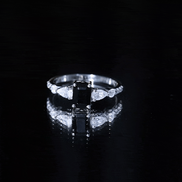 Classic Created Black Diamond Engagement Ring with Moissanite Side Stones