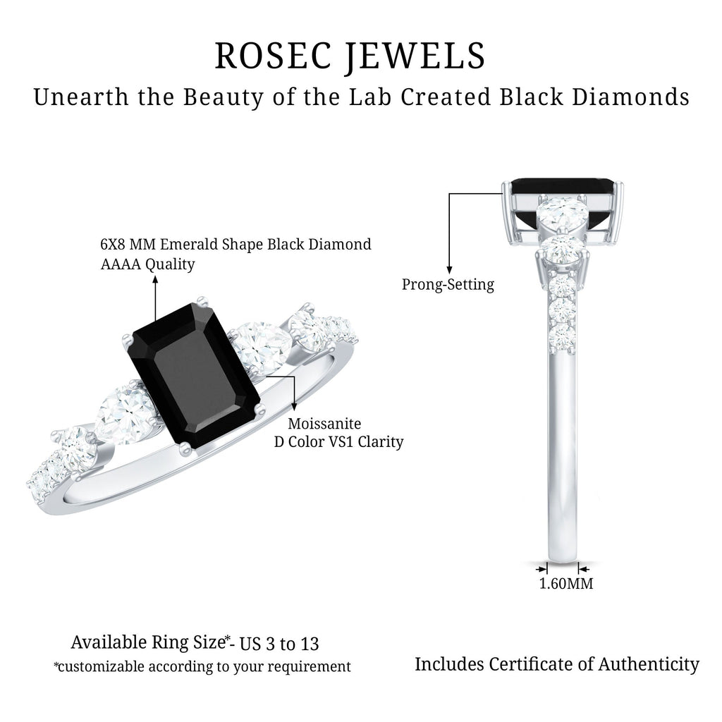 Classic Created Black Diamond Engagement Ring with Moissanite Side Stones