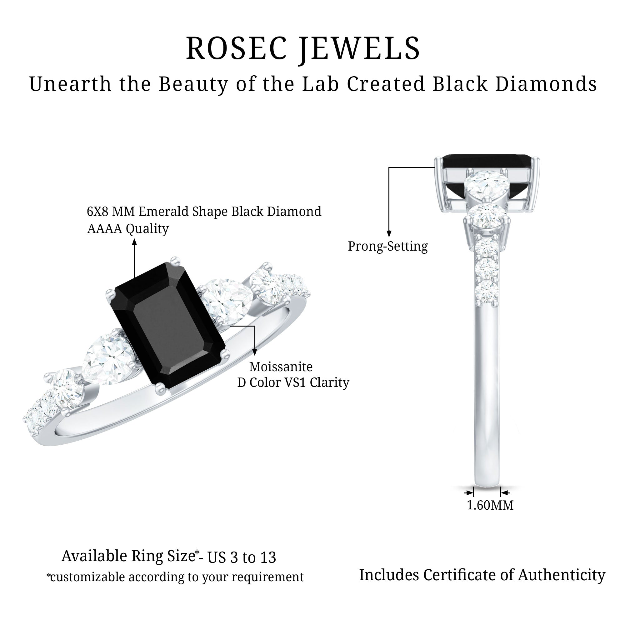 Classic Created Black Diamond Engagement Ring with Moissanite Side Stones