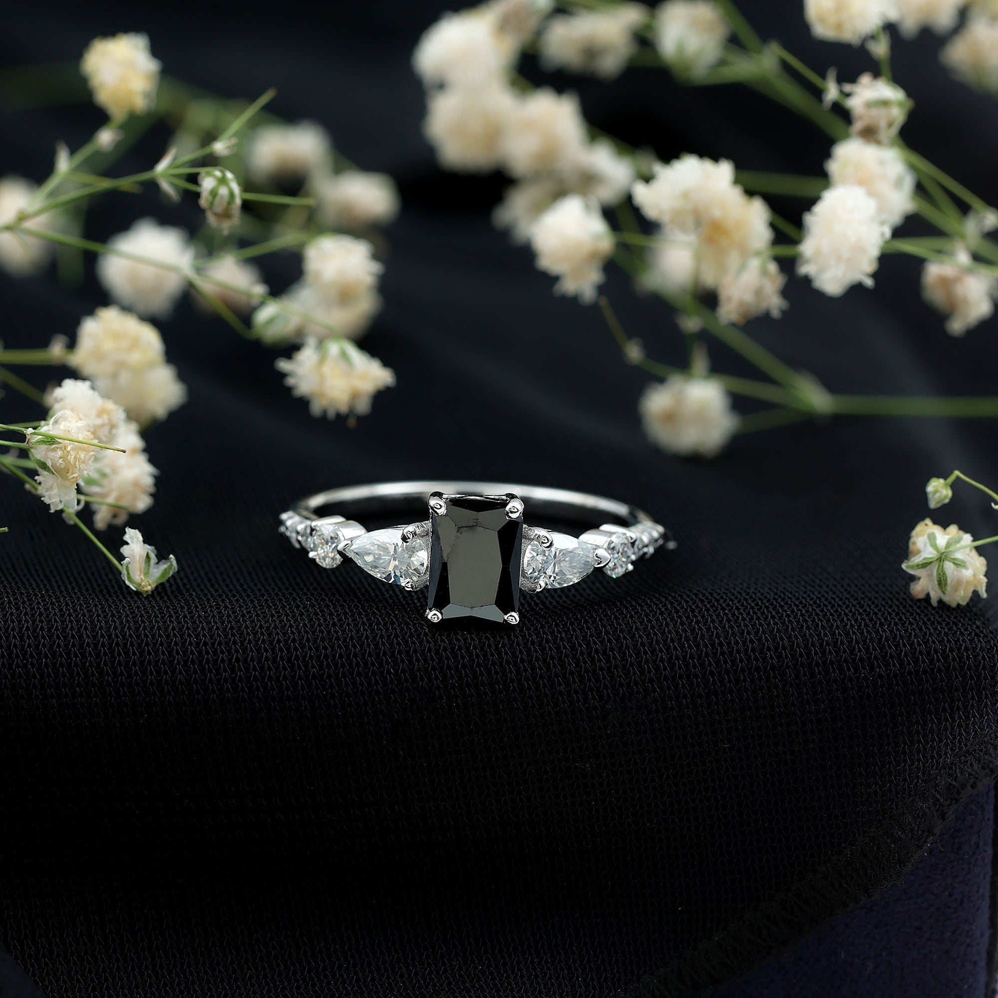 Classic Created Black Diamond Engagement Ring with Moissanite Side Stones