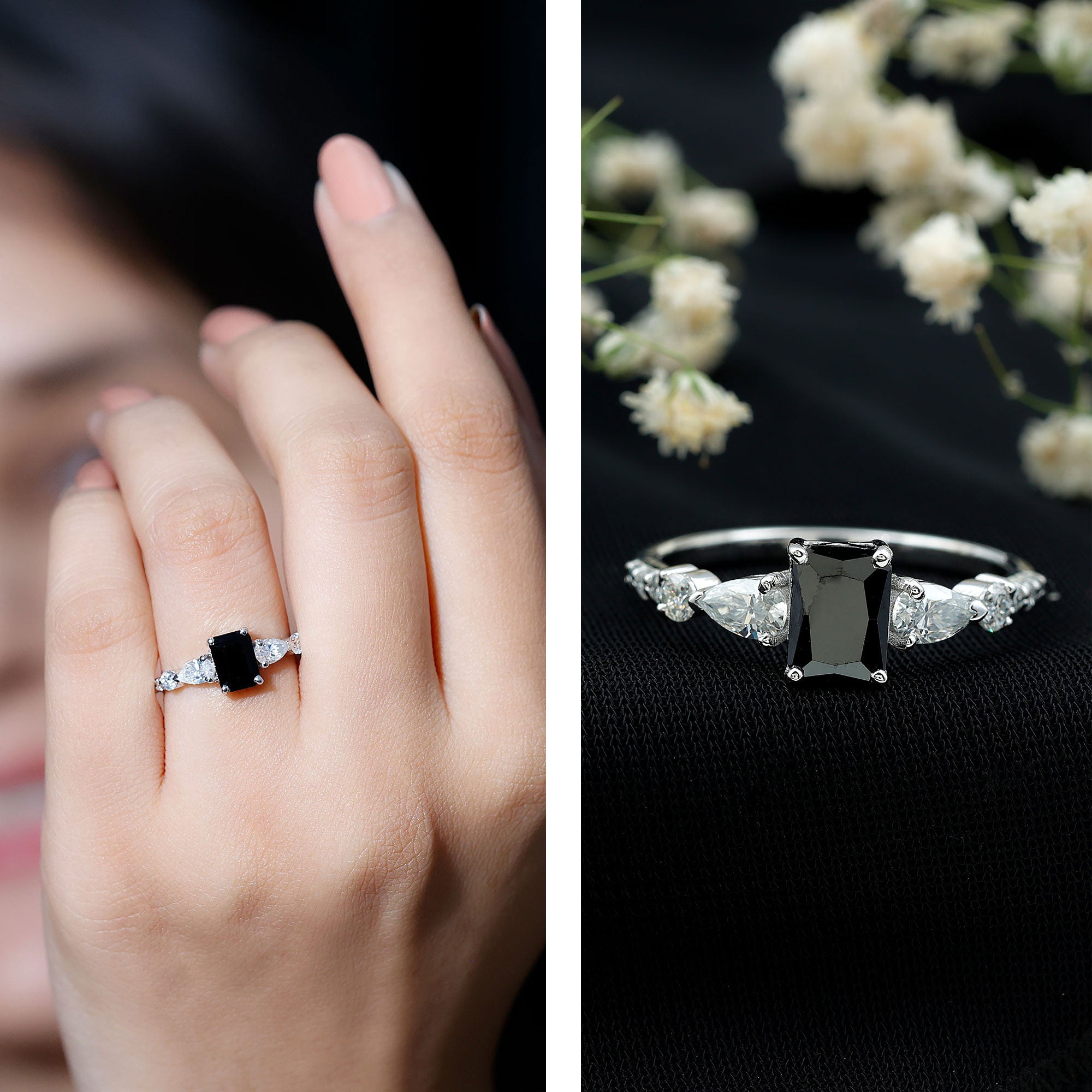 Classic Created Black Diamond Engagement Ring with Moissanite Side Stones