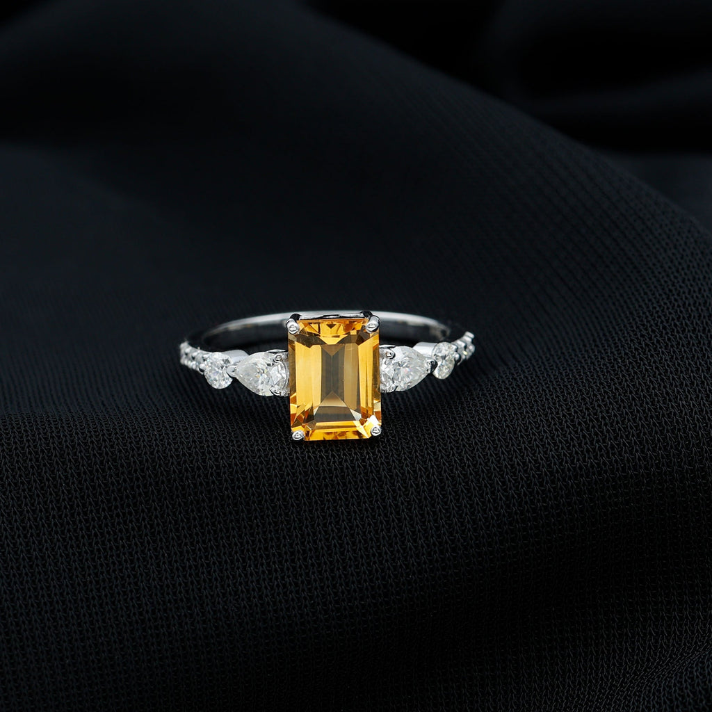 Genuine 6X8mm Citrine Emerald Cut Engagement Ring with Moissanite Side Stones