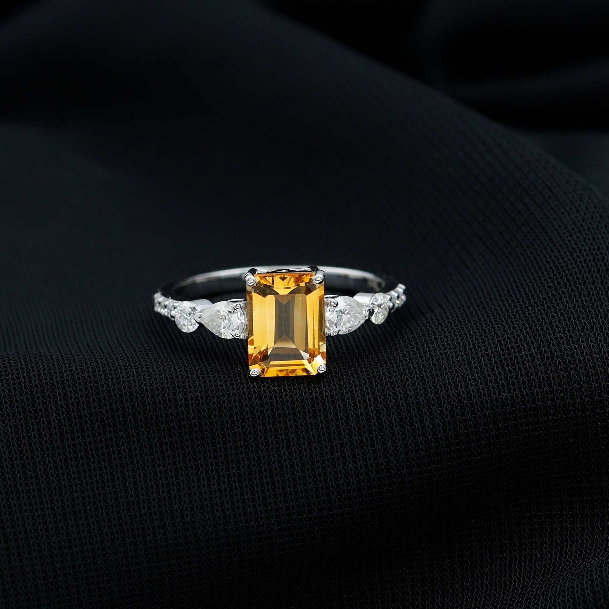 Genuine 6X8mm Citrine Emerald Cut Engagement Ring with Moissanite Side Stones