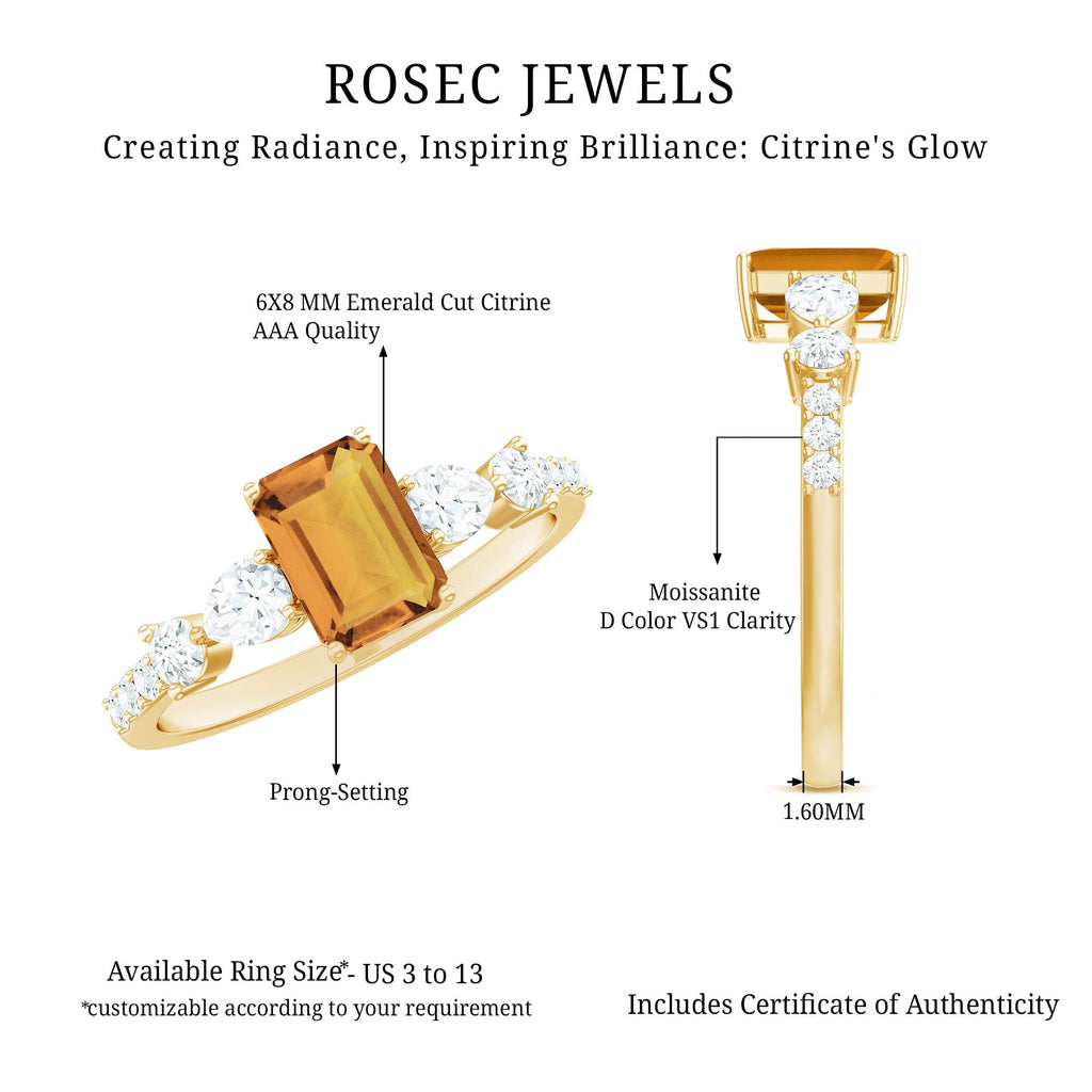 Genuine 6X8mm Citrine Emerald Cut Engagement Ring with Moissanite Side Stones