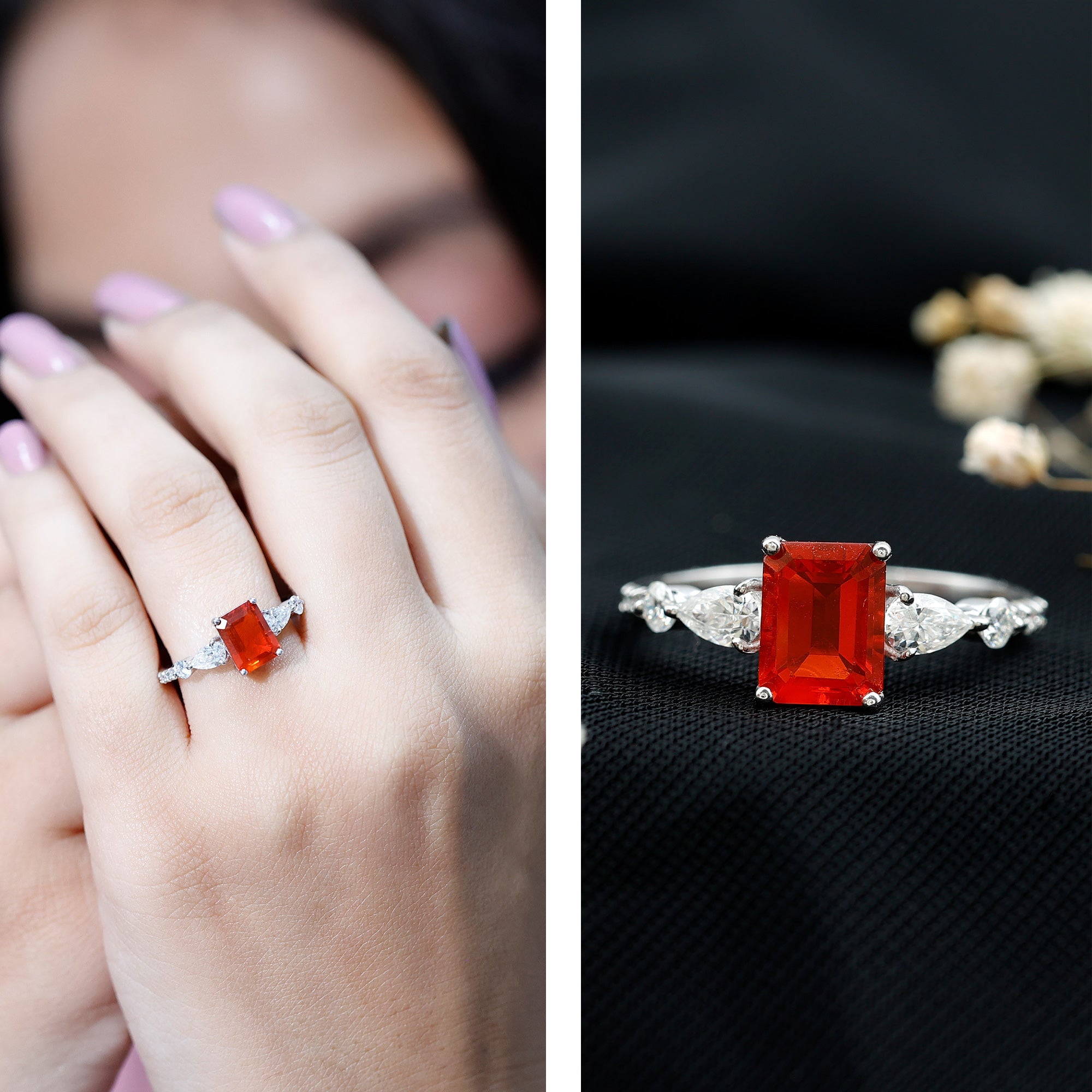 Fire Opal Solitaire Engagement Ring with Moissanite Side Stones