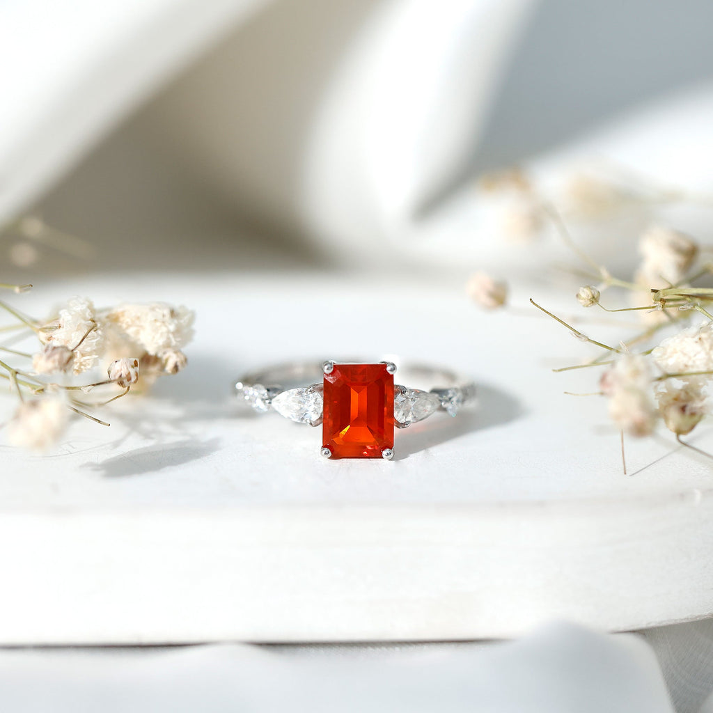 Fire Opal Solitaire Engagement Ring with Moissanite Side Stones