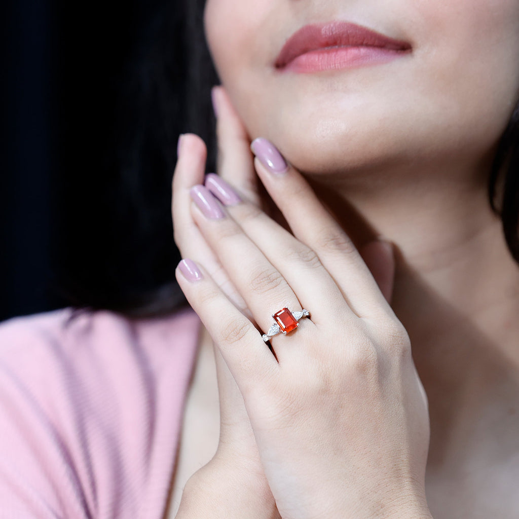 Fire Opal Solitaire Engagement Ring with Moissanite Side Stones