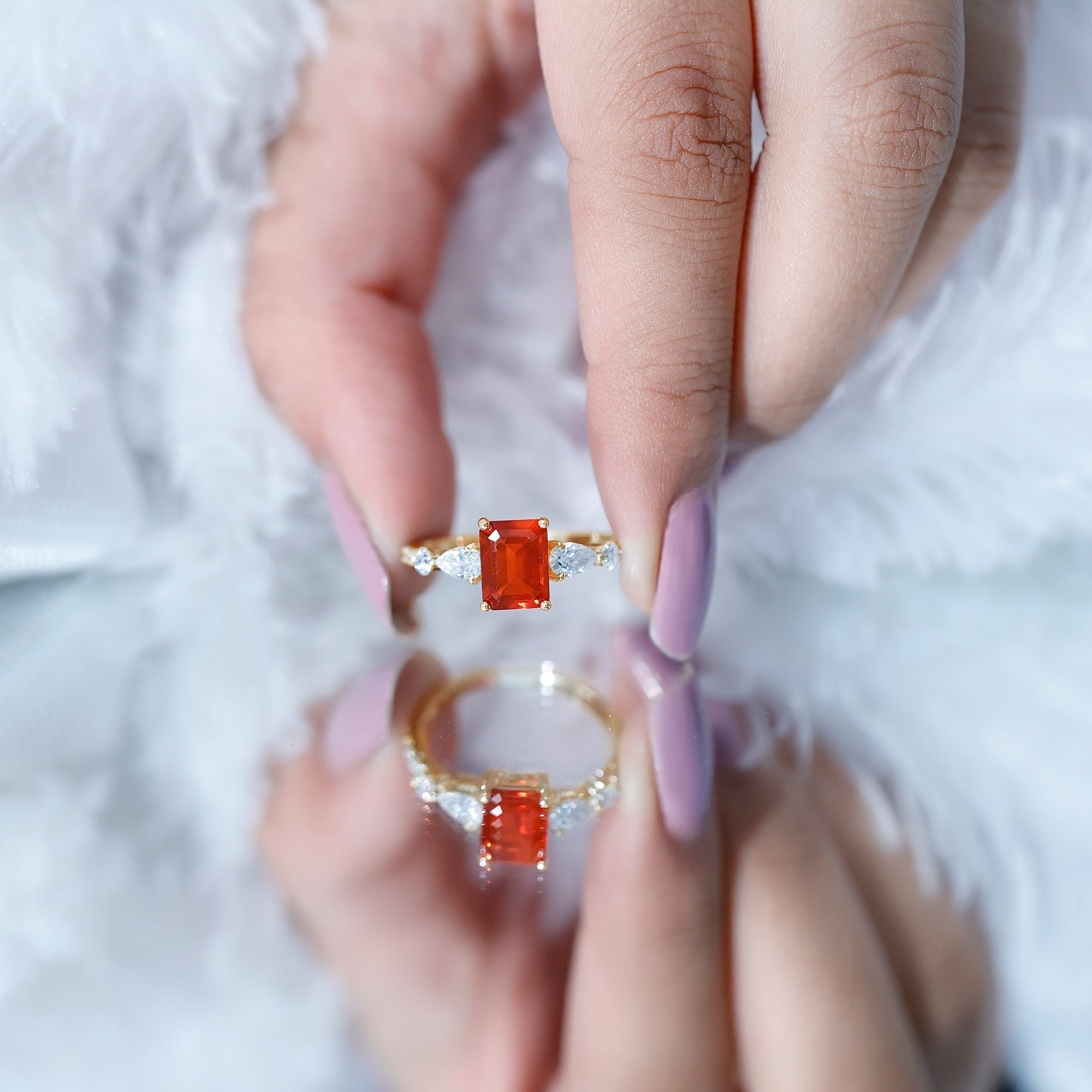 Fire Opal Solitaire Engagement Ring with Moissanite Side Stones