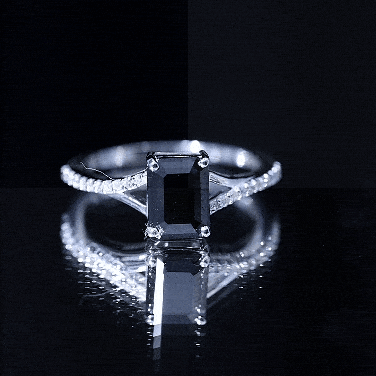 Lab Grown Black Diamond Emerald Cut Engagement Ring with Diamond