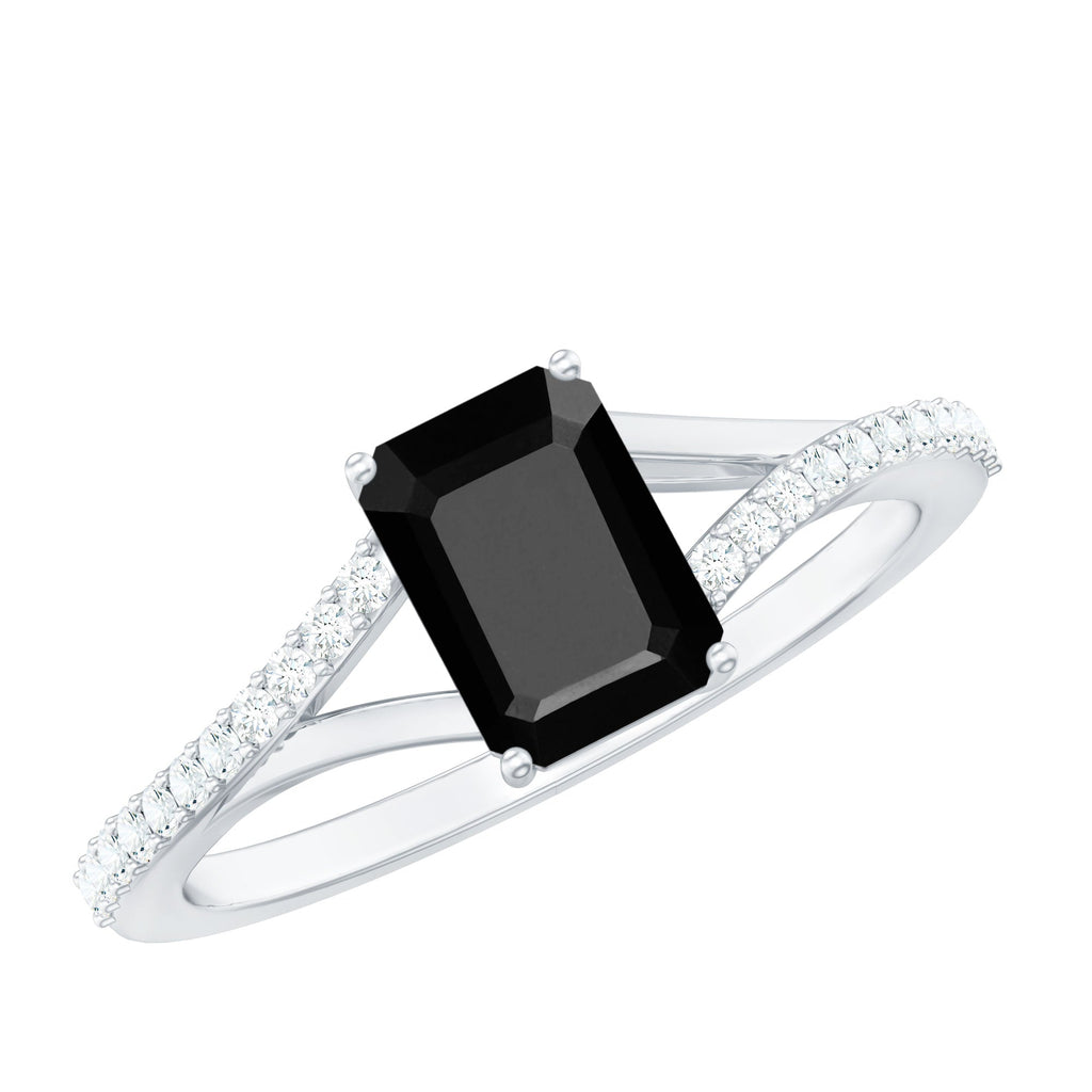 Lab Grown Black Diamond Emerald Cut Engagement Ring with Diamond