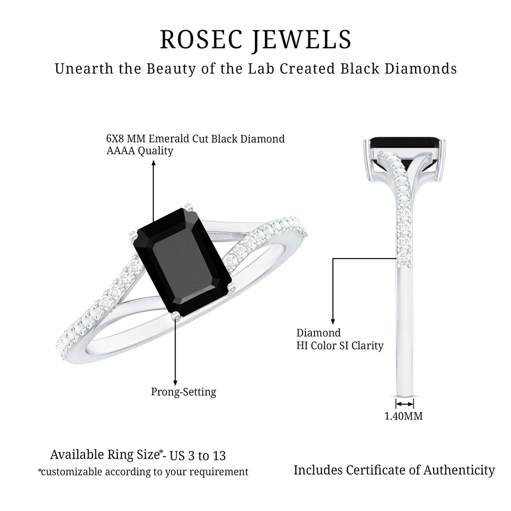 Lab Grown Black Diamond Emerald Cut Engagement Ring with Diamond