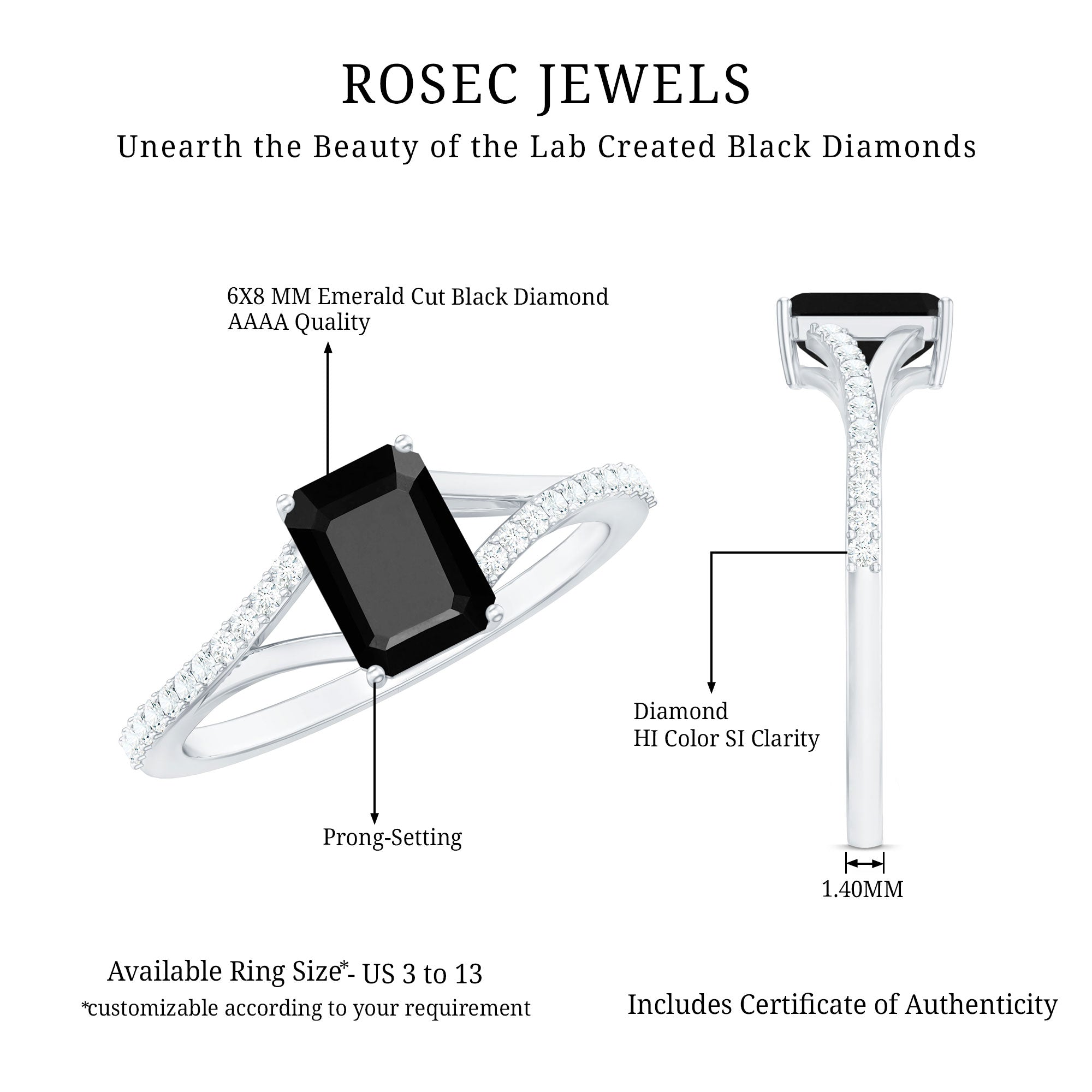Lab Grown Black Diamond Emerald Cut Engagement Ring with Diamond