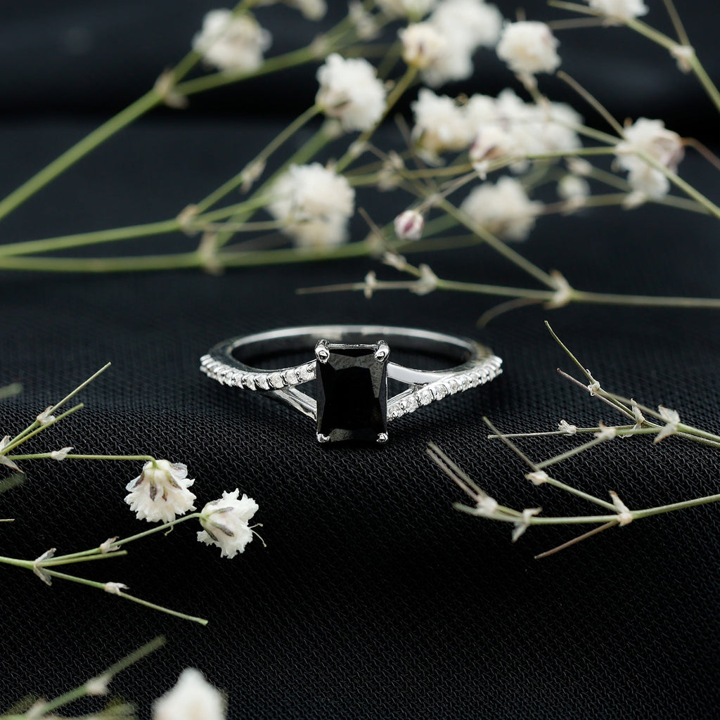 Lab Grown Black Diamond Emerald Cut Engagement Ring with Diamond