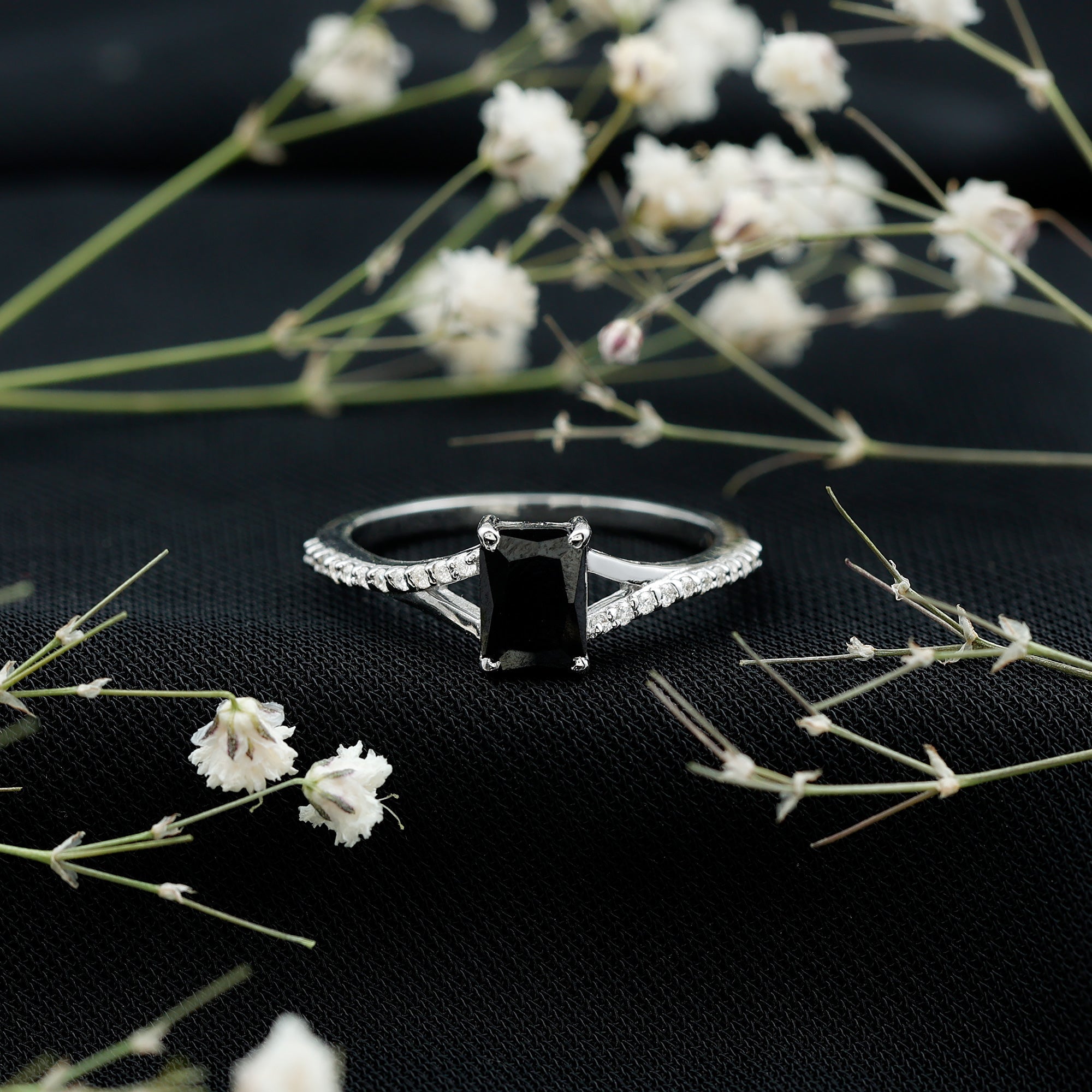 Lab Grown Black Diamond Emerald Cut Engagement Ring with Diamond