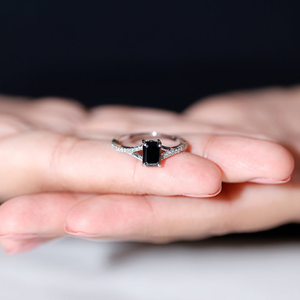 Lab Grown Black Diamond Emerald Cut Engagement Ring with Diamond