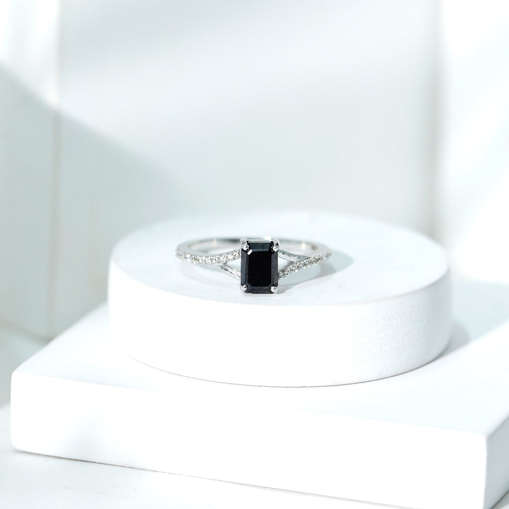 Lab Grown Black Diamond Emerald Cut Engagement Ring with Diamond