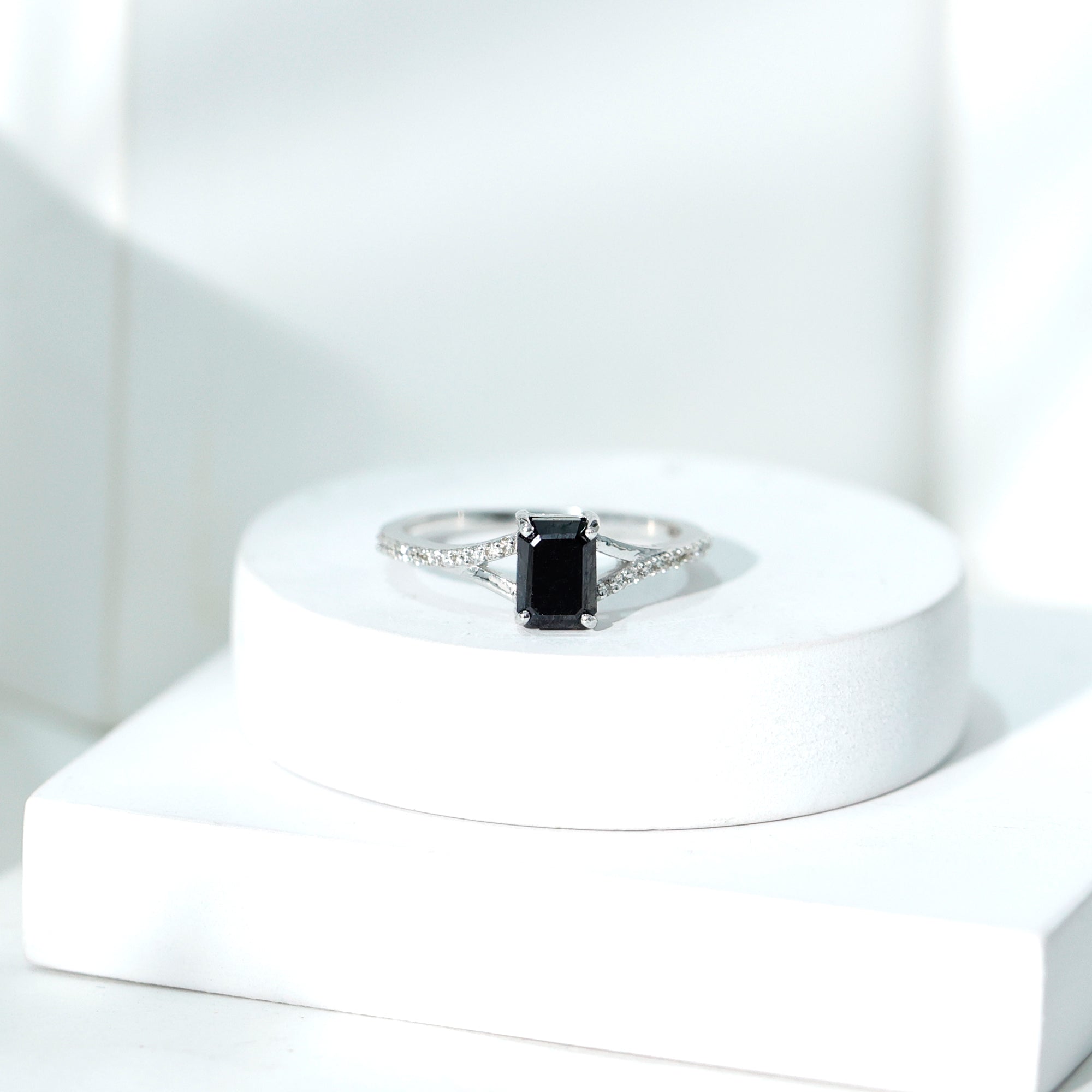 Lab Grown Black Diamond Emerald Cut Engagement Ring with Diamond