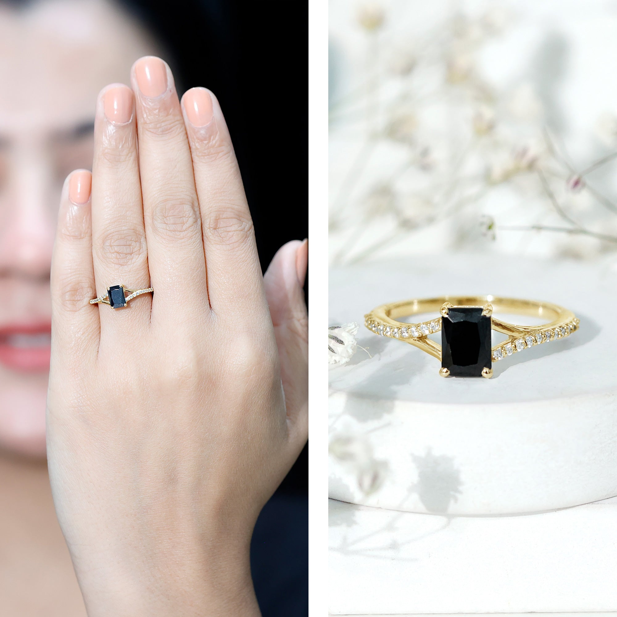 Lab Grown Black Diamond Emerald Cut Engagement Ring with Diamond