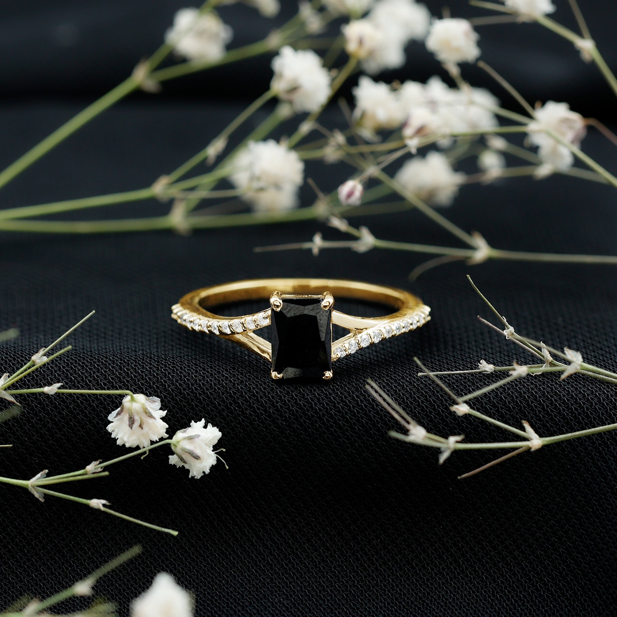 Lab Grown Black Diamond Emerald Cut Engagement Ring with Diamond