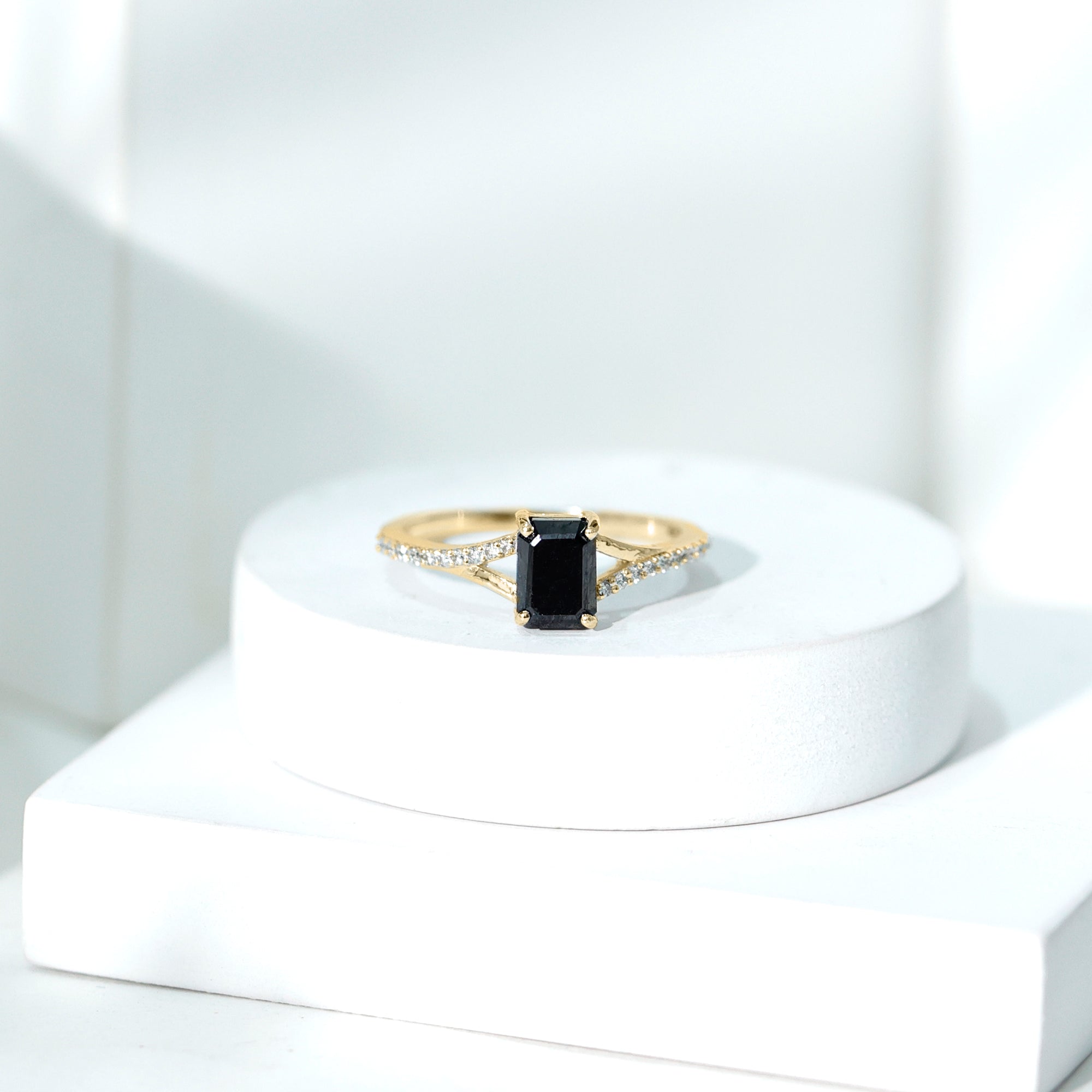 Lab Grown Black Diamond Emerald Cut Engagement Ring with Diamond